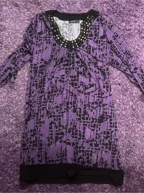 APT. 9 Women's Purple Patterned Studded-Neck Tunic/Mini Dress